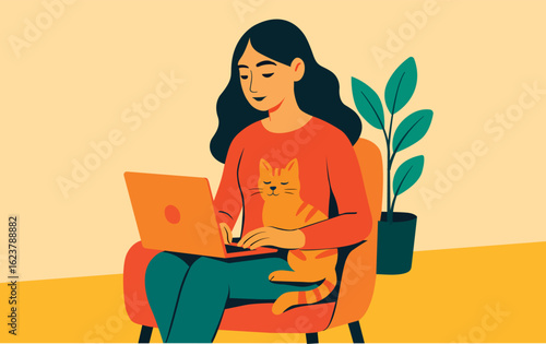 Ilustración vectorial de una mujer sentada con una laptop en el regazo y un gato descansando sobre ella. Trabajo remoto en la comodidad de la casa y conexión emocional con mascotas.