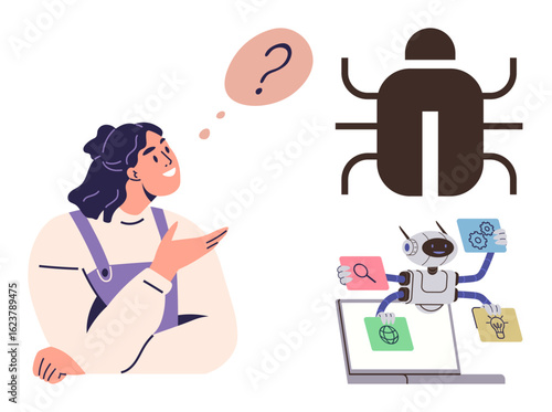 Woman thinking with a question mark above her, bug illustration symbolizing a problem, and AI robot at a laptop organizing tasks. Ideal for technology, problem-solving, AI, education, automation