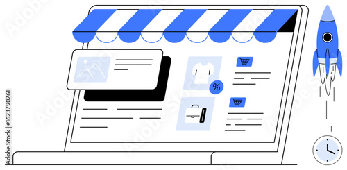 Laptop with storefront awning, product listings, shopping cart icons, and a launching rocket. Ideal for e-commerce, digital business, online shopping, marketing, branding innovation time