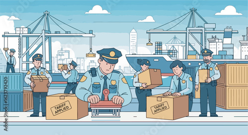 Illustration of a busy port with US customs officers inspecting cargo, stamping them with 'TARIFF APPLIED' labels.