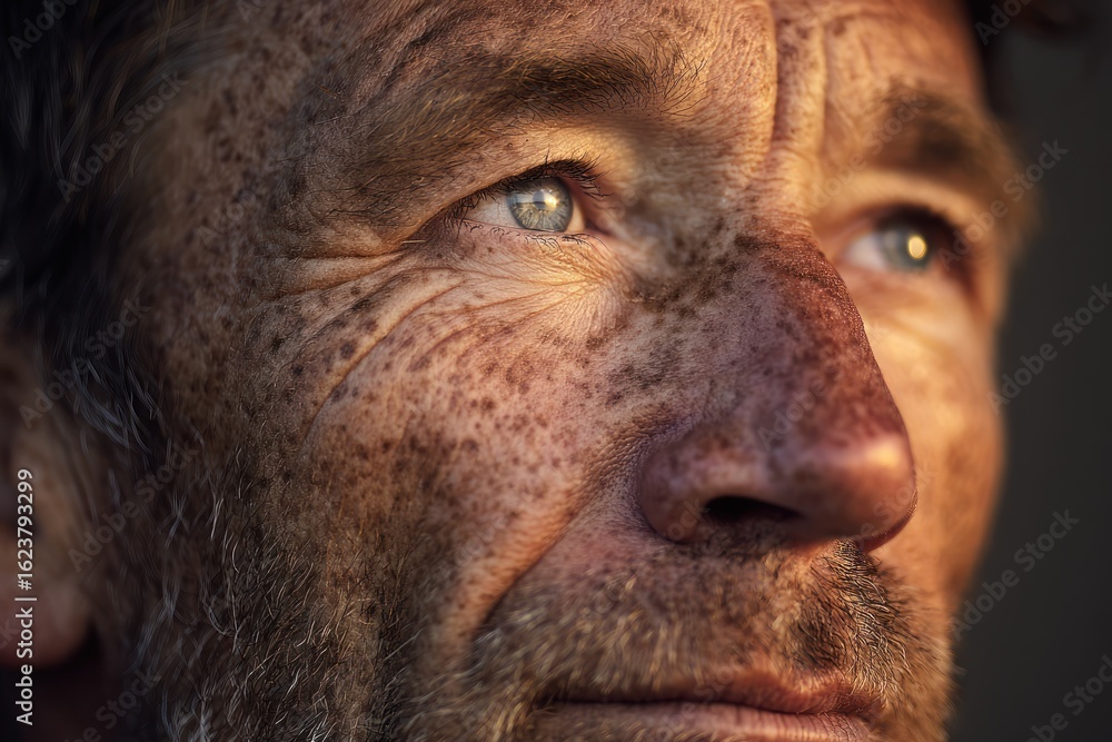 Obraz premium close-up portrait of an older man with weathered skin and salt-and-pepper beard warm directional lighting highlighting face texture and blue eyes concept of aging