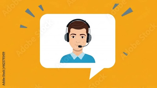 Cartoon illustration of a customer service representative wearing headphones and a headset, inside a speech bubble.