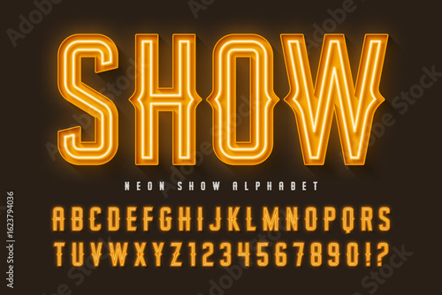 Retro circus alphabet design, cabaret, fairy neon lamps letters and numbers.