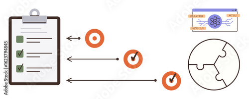 Checklist with three tasks, arrows pointing to targets, puzzle piece circle, atomic element card. Ideal for teamwork, goal setting, productivity, strategy, workflow planning simple flat metaphor