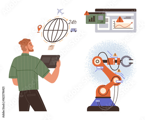 Man using tablet to oversee robotic arm, global shipping logistics, and data analytics. Ideal for automation, logistics, robotics, data analysis, industrial technology, AI systems innovative tools