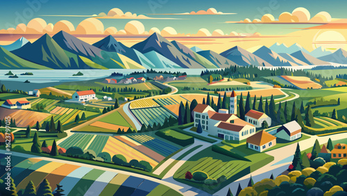 An aerial view of Abbotsford, nestled in British Columbia’s lush Fraser Valley, reveals the vibrant Vancouver suburb, with farmlands, winding roads, and rooftops basking in gentle morning light.