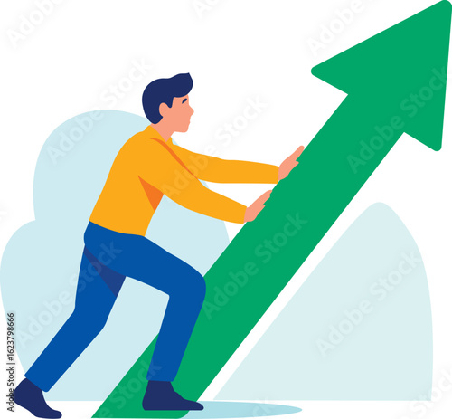 Ilustración vectorial de un hombre empujando una gran flecha que sube hacia arriba. Representa progreso, superación, éxito y crecimiento profesional o personal. Empresas, educación y coaching.