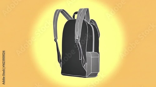 A gray and black backpack with straps and side pocket against a bright yellow background.