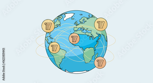 Illustration of a globe surrounded by trade routes, with the US highlighted and large tariff icons over certain countries.