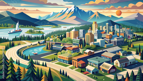 This semi-realistic vector captures Abbotsford’s aerial beauty—British Columbia’s scenic Vancouver suburb—where peaceful neighborhoods, rolling landscapes, and distant mountains unite in soft tones un