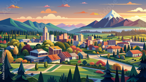 This semi-realistic vector captures Abbotsford’s aerial beauty—British Columbia’s scenic Vancouver suburb—where peaceful neighborhoods, rolling landscapes, and distant mountains unite in soft tones un