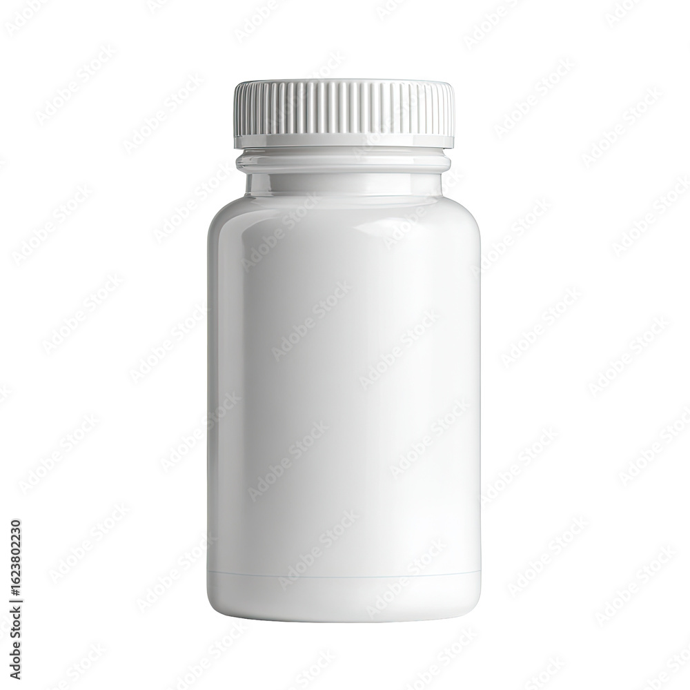 Blank white plastic pill bottle. Rounded, cylindrical shape with a ribbed plastic lid. Empty, ready for label Blank white plastic pill bottle. Rounded, cylindrical shape with a ribbed plastic lid. Empty, ready for label