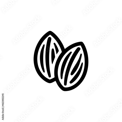 Simple outline vector icon of two almonds in black, representing nuts, healthy snacking, and plant-based protein.

