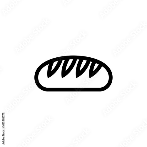 Minimalist black outline icon of a rustic bread loaf with diagonal cuts, symbolizing artisanal baking, fresh bakery products, and traditional food.
