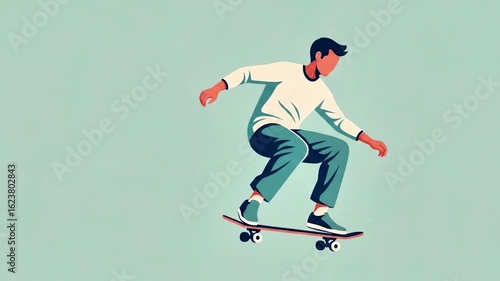 A stylized illustration of a person skateboarding, performing a dynamic trick.