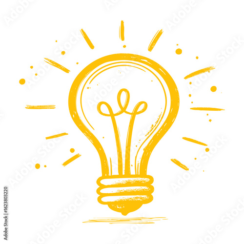 Yellow light bulb illustration with a textured, hand drawn brushstroke style, symbolizing creativity, innovation, and inspiration. Vector art