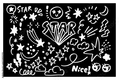 黒い背景に白い線で描かれた手描き風の星やスパークルが散りばめられたモノクロ落書きイラストセット