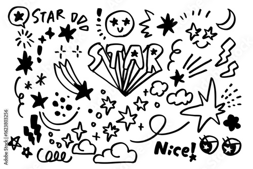 手描き風の黒い線で描かれた星やスパークルが散りばめられたシンプルで可愛い落書きイラストセット