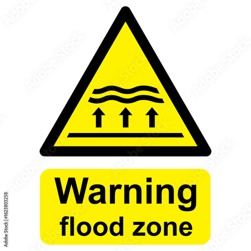 Black and yellow vector graphic of Warning flood zone warning sign. It consists of a symbol in a triangle above warning text.