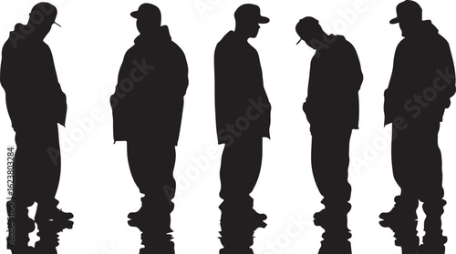 Black silhouettes of men wearing baseball caps and baggy clothing streetwear