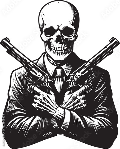 Skeleton holding crossed revolvers in suit skull guns