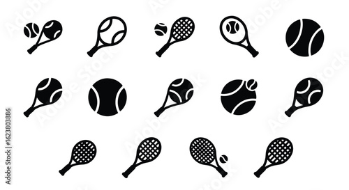 Solid black silhouette sports icon set  -  black silhouette icon of a tennis racket and ball, symbolizing the sport of tennis, isolated on a white background