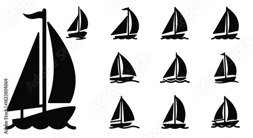 Solid black silhouette sports icon set  -  collection of sailing boat icons on water, representing maritime travel and leisure activities, isolated on white background