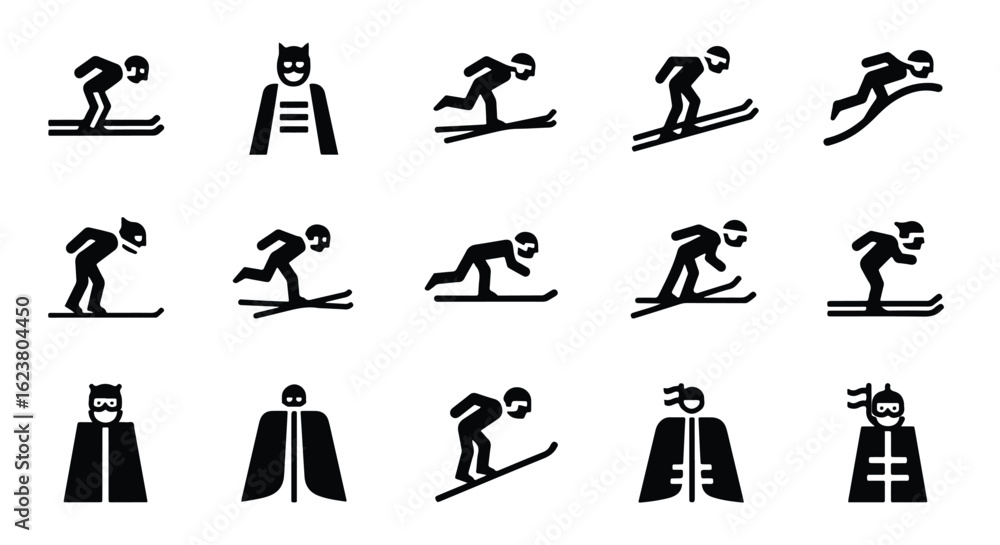 Obraz premium Solid black silhouette sports icon set - set of skiing and snowboarding stick figure icons isolated on white background