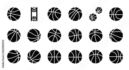 Solid black silhouette sports icon set  -  seamless pattern of basketballs, isolated on white background