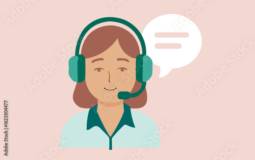 Ilustración digital de una mujer sonriente con auriculares y micrófono, acompañada de una burbuja de diálogo. Atención al cliente, soporte técnico, call centers comunicación digital.