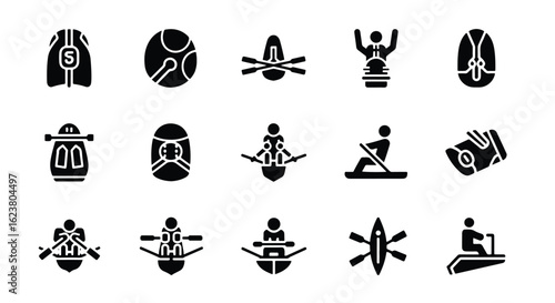 Solid black silhouette sports icon set  -  icon of a person rowing a boat, isolated on white background
