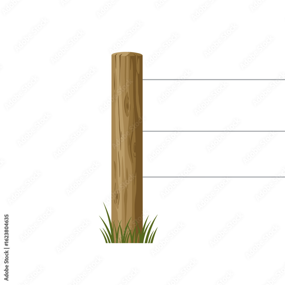 Fototapeta premium Farm fence post with grass in a minimalist style on white background, isolated, vector