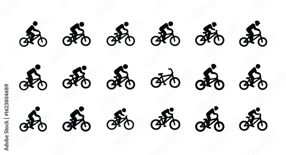 Fototapeta premium Solid black silhouette sports icon set - bicycle rider in action, isolated on white background