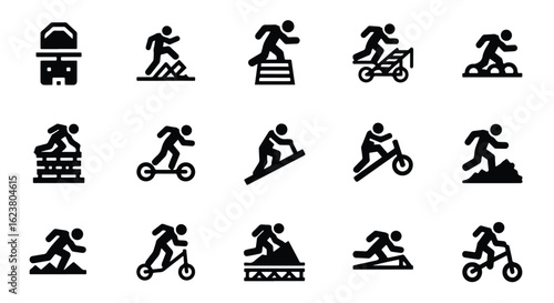 Solid black silhouette sports icon set  -  black and white icon of a person climbing a ladder isolated on white background