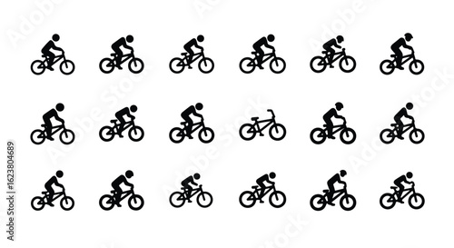 Solid black silhouette sports icon set  -  bicycle rider in action, isolated on white background