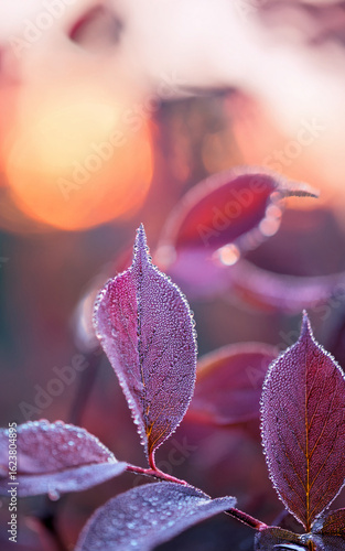 lose Up of Dew Covered Leaves with Soft Purple and Pink Blurred Background