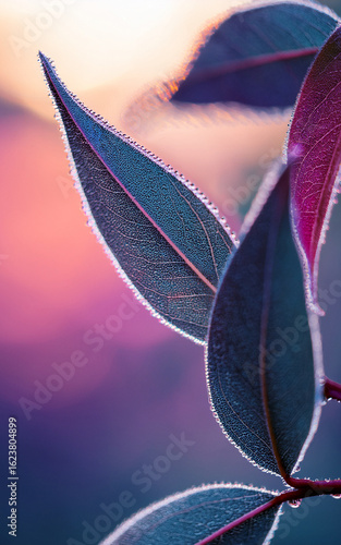lose Up of Dew Covered Leaves with Soft Purple and Pink Blurred Background