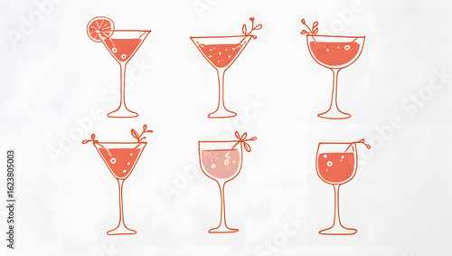 Six whimsical, tiny wedding-style drink doodles, including a martini, prosecco, and vino, illustrated in simple, bold coral ink lines, evenly spaced on a crisp white background,