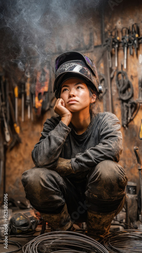 Wallpaper Mural Female welder at rest in tool-covered shop—Labor Day tribute Torontodigital.ca