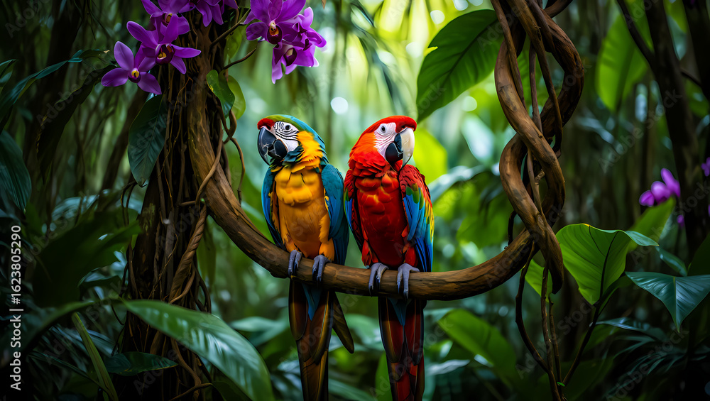 Obraz premium Two colorful macaws perched on a branch in a lush tropical rainforest