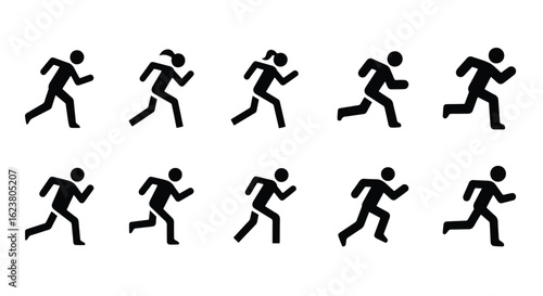 Solid black silhouette sports icon set  -  silhouette of a runner in motion, isolated on white background