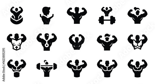 Solid black silhouette sports icon set  -  silhouette of a bodybuilder flexing muscles isolated on white background