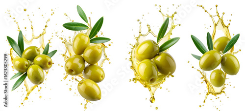 Green olives splashing with extra virgin olive oil on transparent background