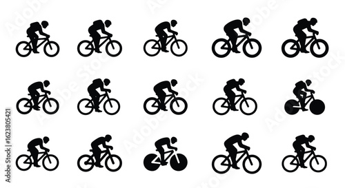 Solid black silhouette sports icon set  -  icons of cyclists in action on bicycles, representing cycling sports and activities, isolated on white background