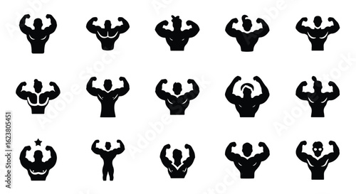 Solid black silhouette sports icon set  -  bodybuilder flexing muscles silhouette isolated on white background
