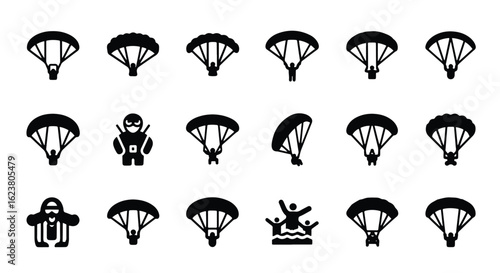 Solid black silhouette sports icon set  -  silhouette of a skydiver with a parachute isolated on white background