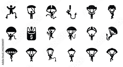Solid black silhouette sports icon set  -  skydiver with parachute in the air, isolated on white background