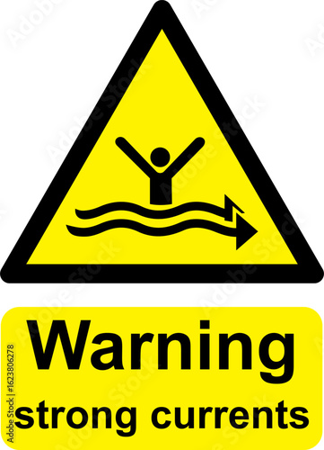 Black and yellow vector graphic of Warning strong currents warning sign. It consists of a symbol in a triangle above warning text.