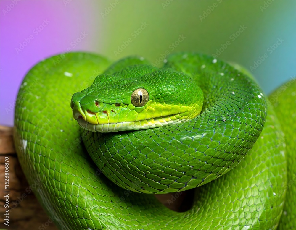 Fototapeta premium Close-up of a vibrant green snake coiled on a branch