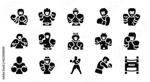 Solid black silhouette sports icon set  -  boxing icon, depicting a fighter with gloves and protective gear, isolated on white background